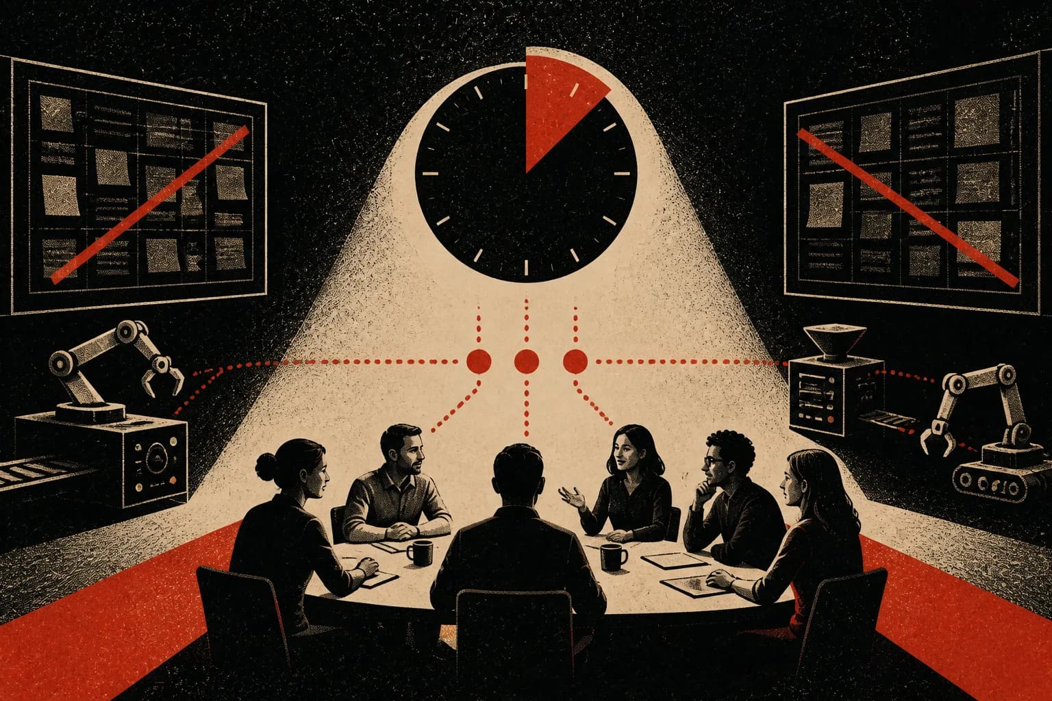 Three teammates beside a clock as automated status updates move past