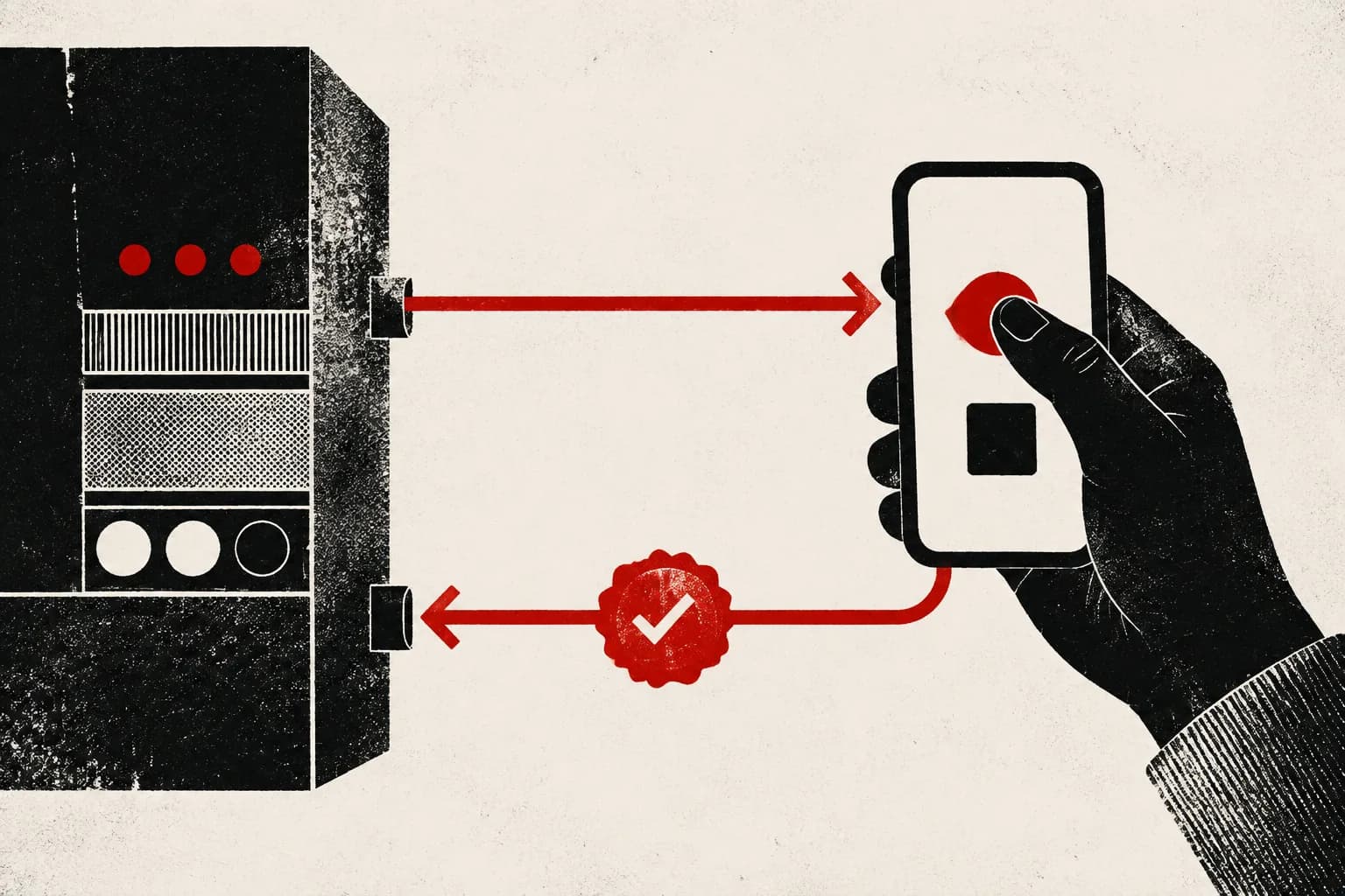 A red signal travels from an abstract server to a human hand and returns as a sealed response