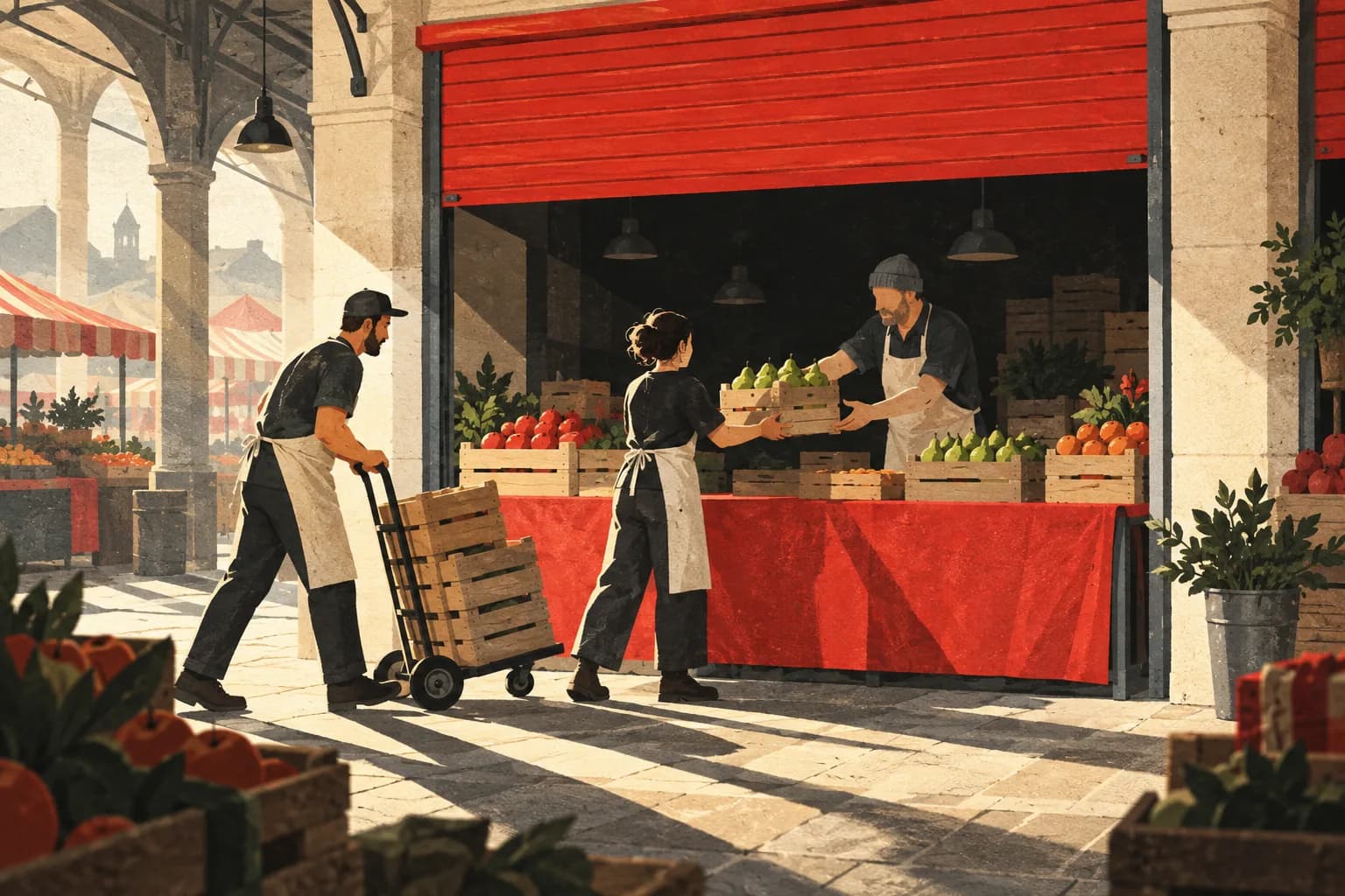 A market crew carrying pear crates beneath an open red shutter and across a sunlit market passage.