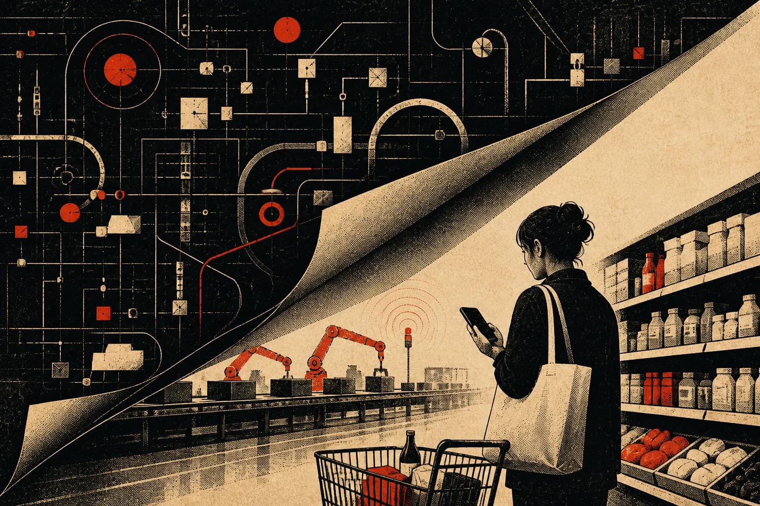 Technical diagrams folding into a phone approval beside a grocery bag
