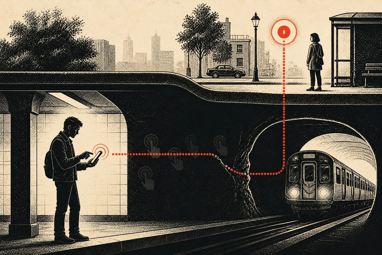 A finger tapping a red acknowledgement signal that breaks underground, then reconnects honestly at street level