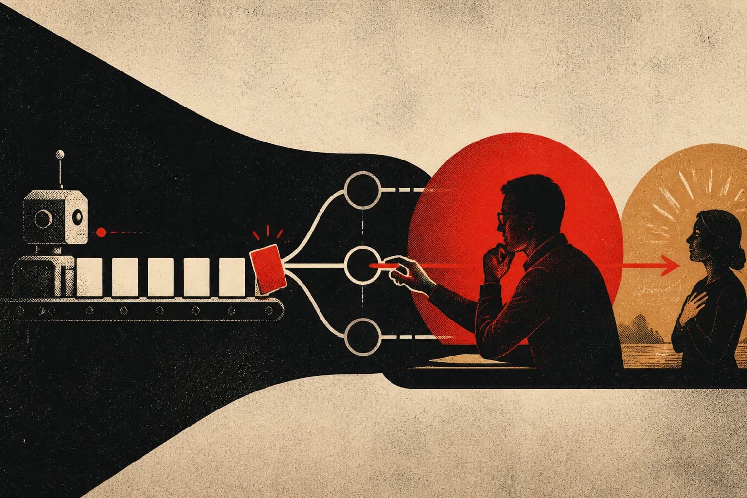 An AI support queue routing one red renewal exception and three choices to a human lead