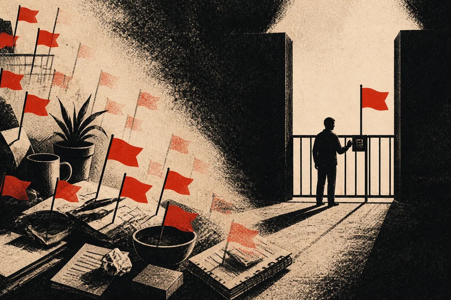 A guarded red signal beyond a crowd of identical urgent flags