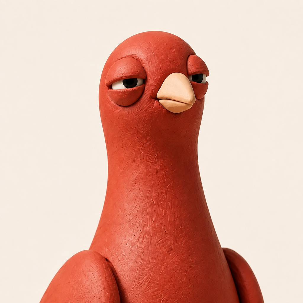 The Pingo app icon: a close-up of the terracotta-red clay pigeon, with heavy eyelids and a peach beak, on a warm off-white background.