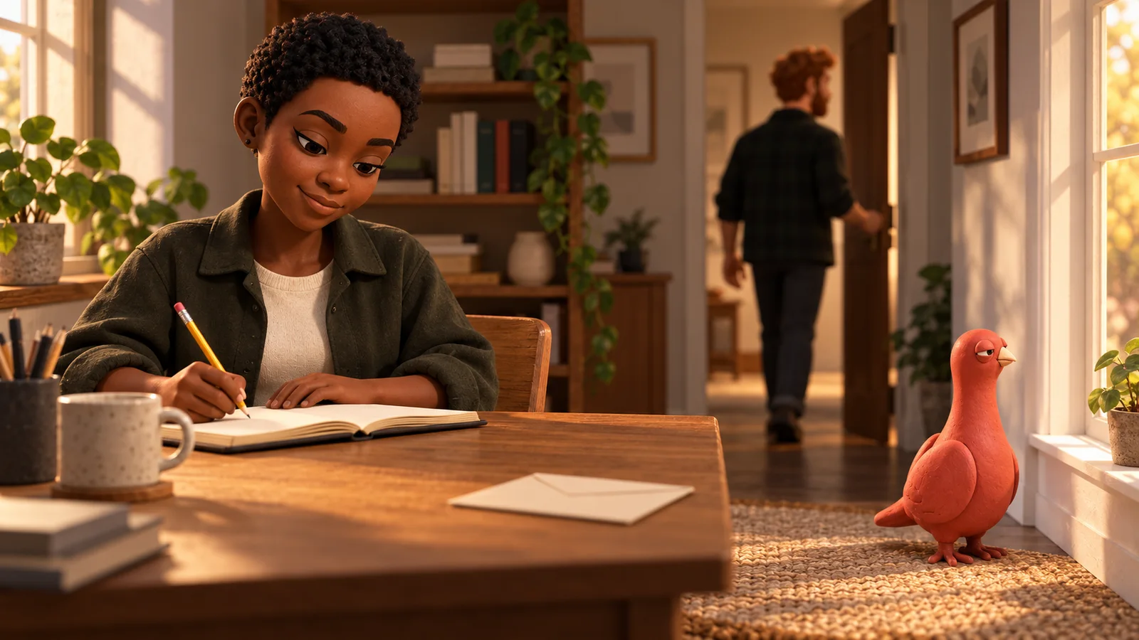 A PingRoom avatar writes a private reminder at a desk while the other person leaves and Pingo deliberately looks out the window.