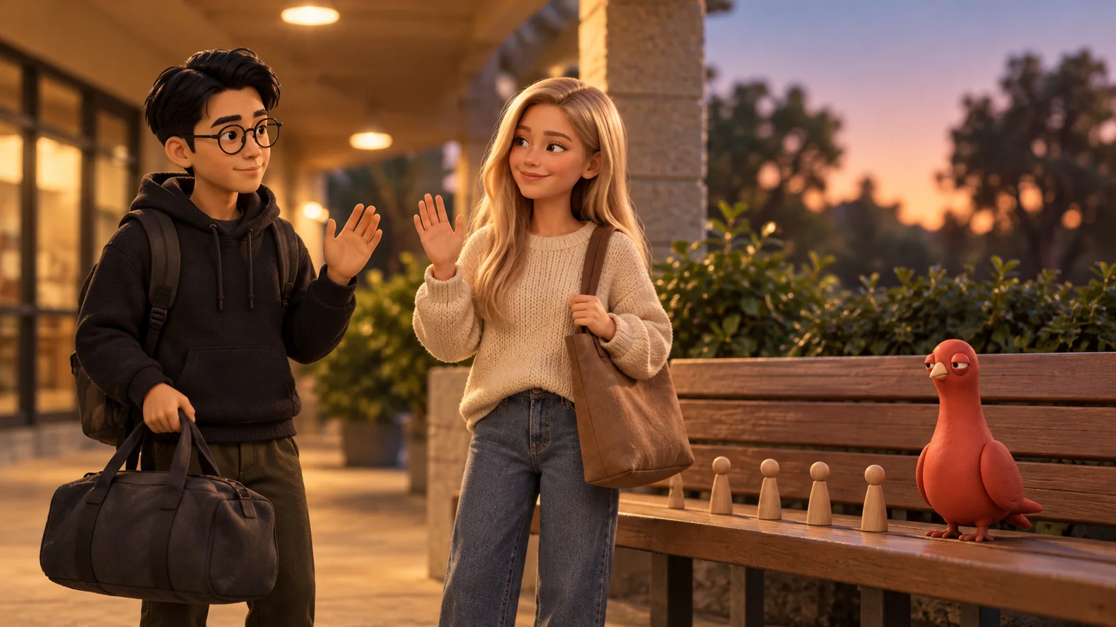 Two family members greet each other outside an activity center while Pingo watches a row of plain wooden figures from a bench.