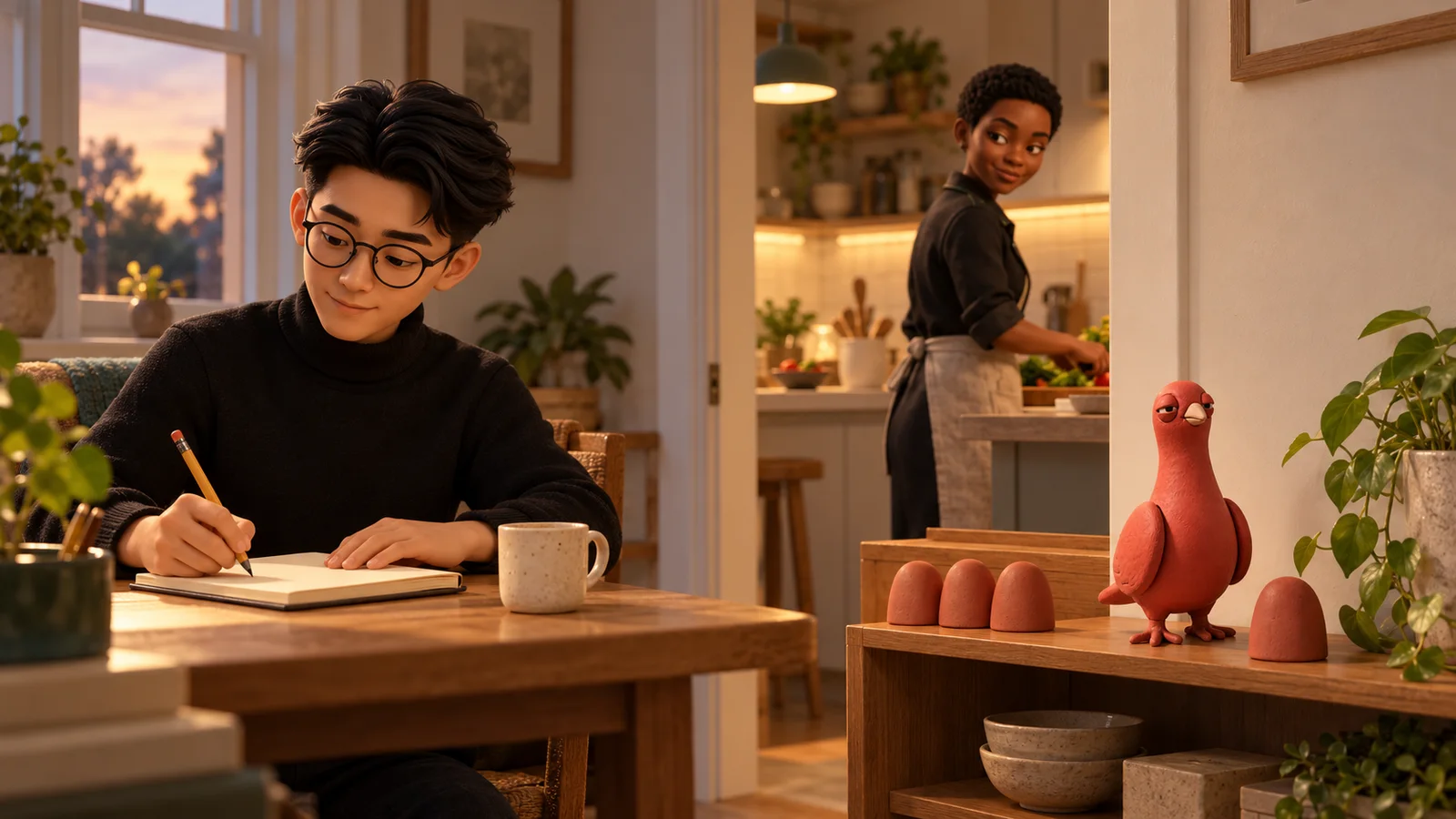 A PingRoom avatar works at a wooden desk while another prepares dinner in the adjoining kitchen, with Pingo beside four clay routine markers.