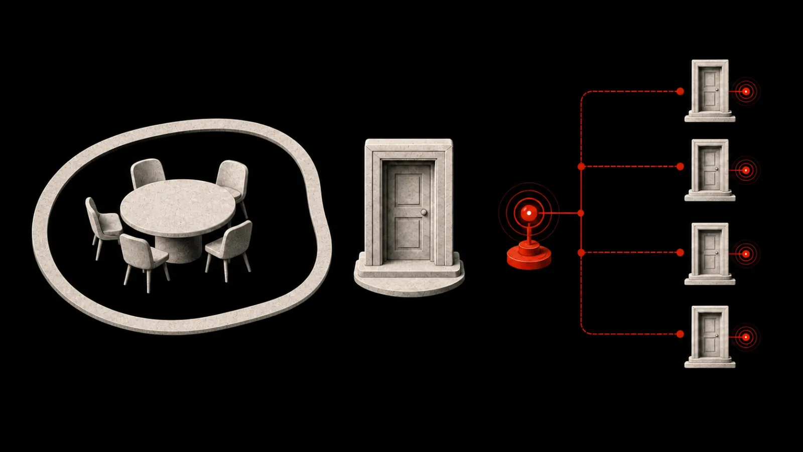 A communal conversation loop remains separate from one precise red signal reaching four apartment doors.
