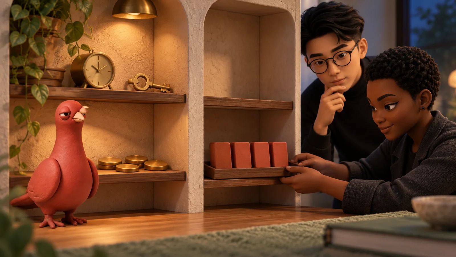 Pingo stands guard between an occupied shelf marked by clock and key props and an open shelf, while two PingRoom teammates compare where a tray can go.