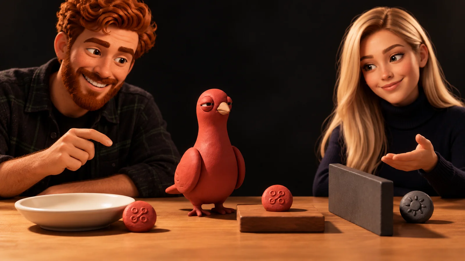 Two PingRoom avatars compare two matching clay retry tokens with one different token held behind a divider while Pingo observes.