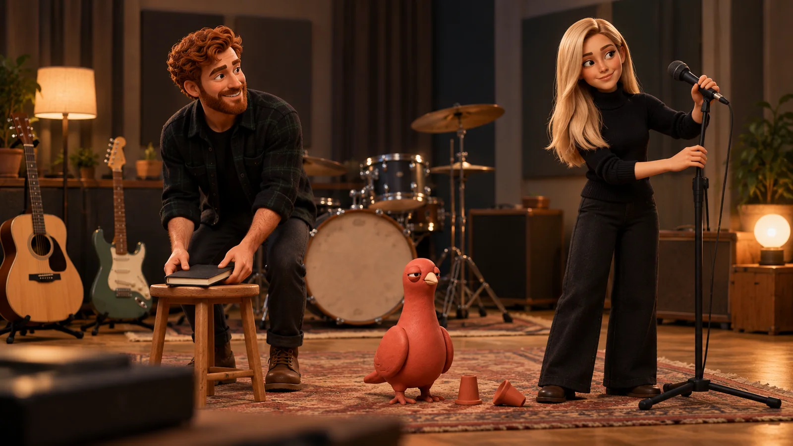 Two PingRoom avatars finish setting up a rehearsal semicircle while Pingo stands beside one plain timing token and a second token set aside.