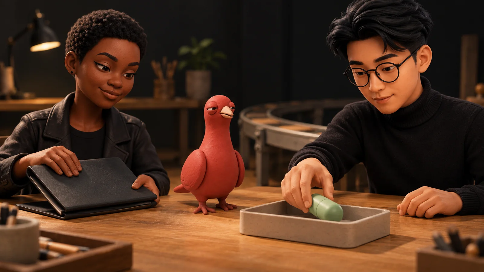 Two PingRoom avatars close a blank folio and place one pale green capsule in a tray while Pingo looks on.