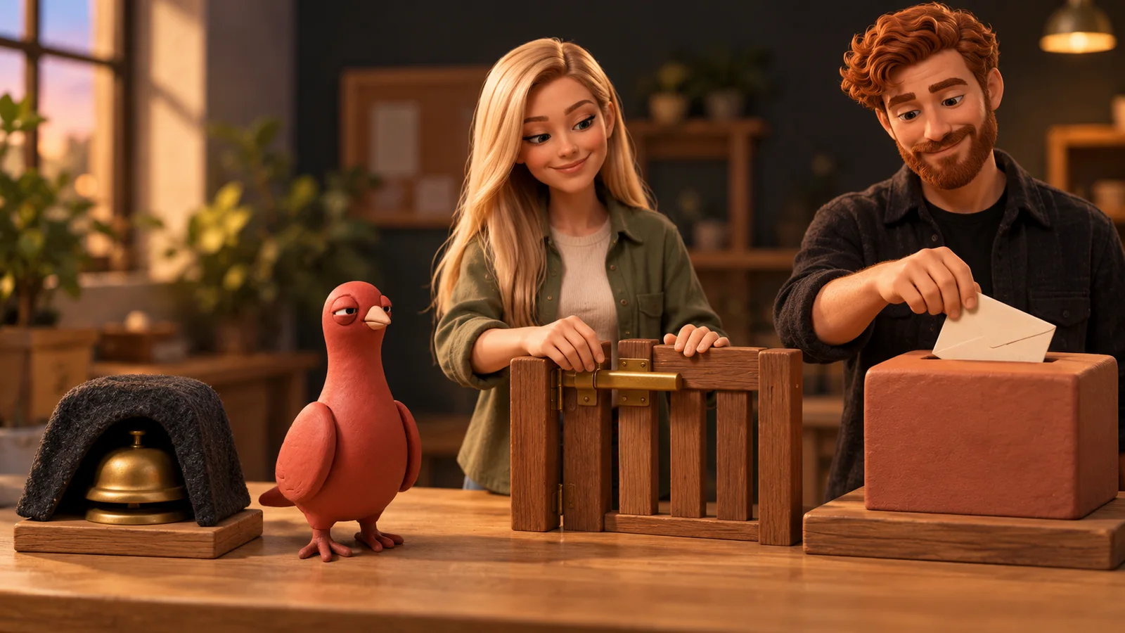 A covered bell, a closed wooden gate, and a sealed blank envelope represent mute, block, and report while two avatars and Pingo observe.