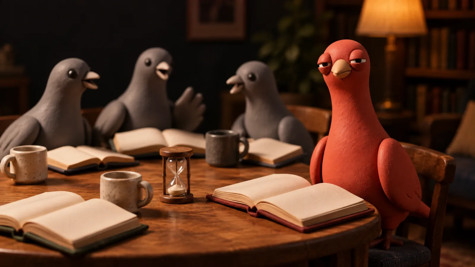 Pingo sits at a warm book-club table with three gray clay pigeons, four open blank books, mugs, and a small hourglass.