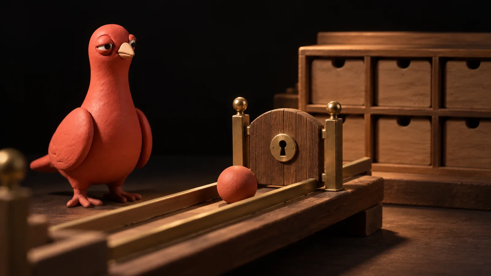 Pingo observes a blank terracotta bead resting at a wooden checkpoint, with closed unlettered storage cubbies beyond the gate.