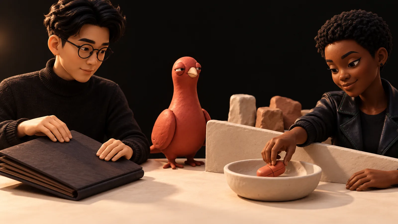 Two PingRoom avatars place one sealed clay signal capsule in a shared bowl while Pingo watches raw build slips remain behind a divider.