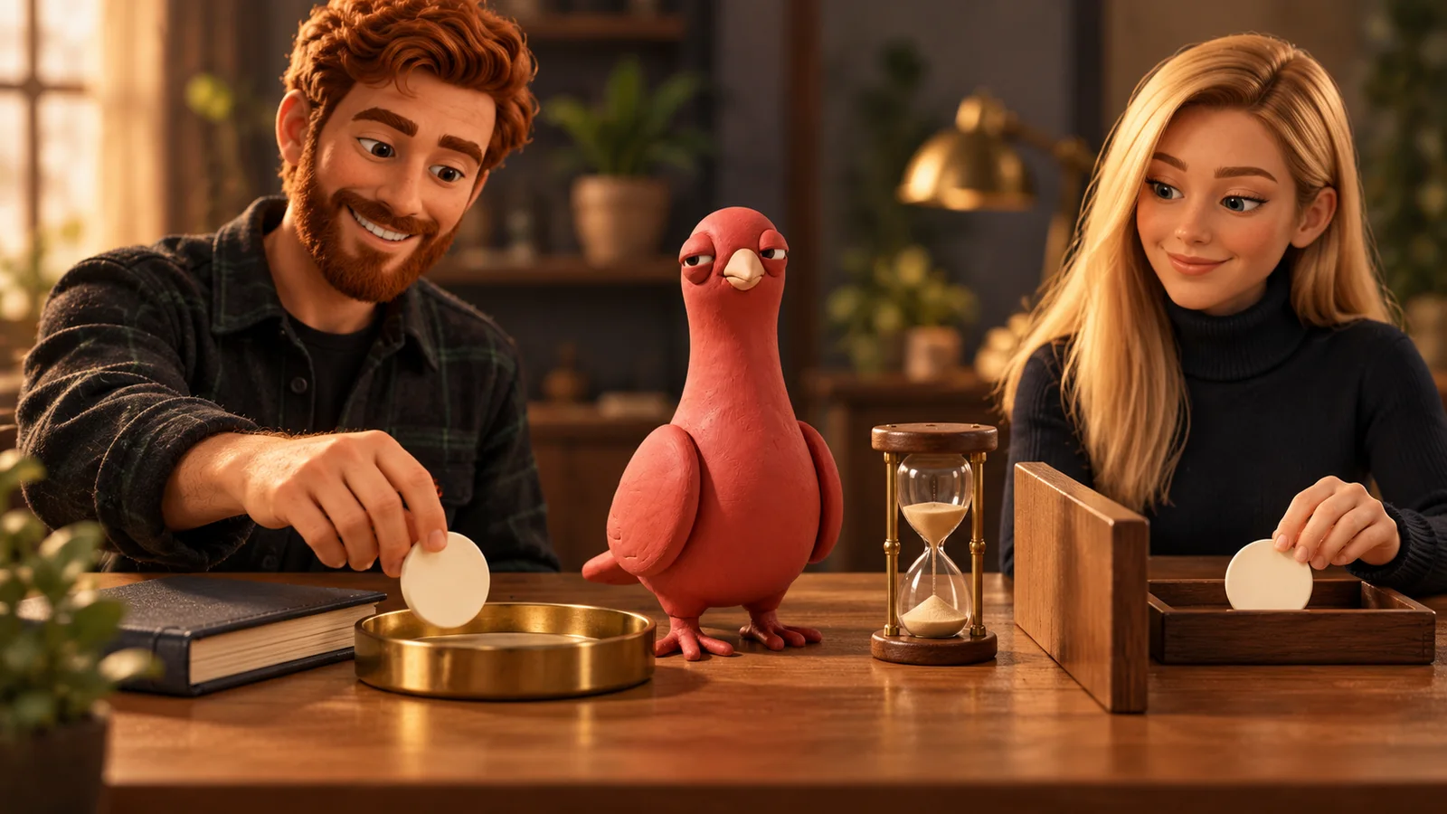 A PingRoom avatar sorts one accepted blank booking token while another keeps a duplicate aside as Pingo watches a small sand timer.