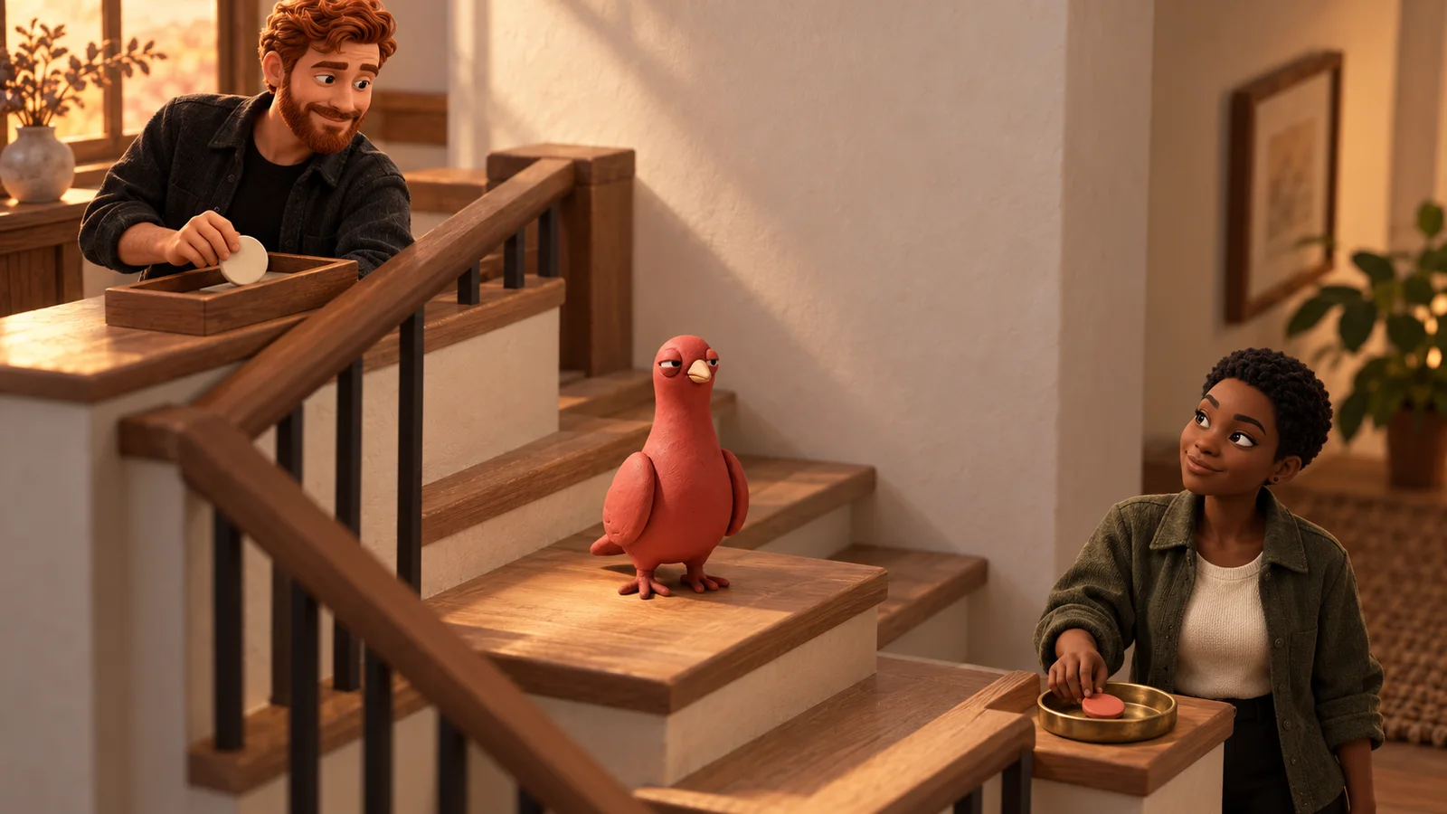 Two adult household members complete a quiet cue-and-response handoff on different floors while Pingo watches from the middle stair.