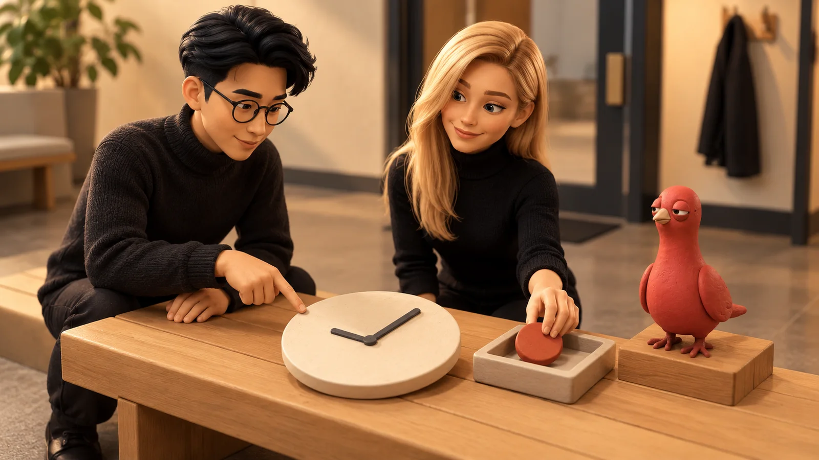 Two coworkers revise a carpool plan around a plain clock token in an office lobby while Pingo observes.