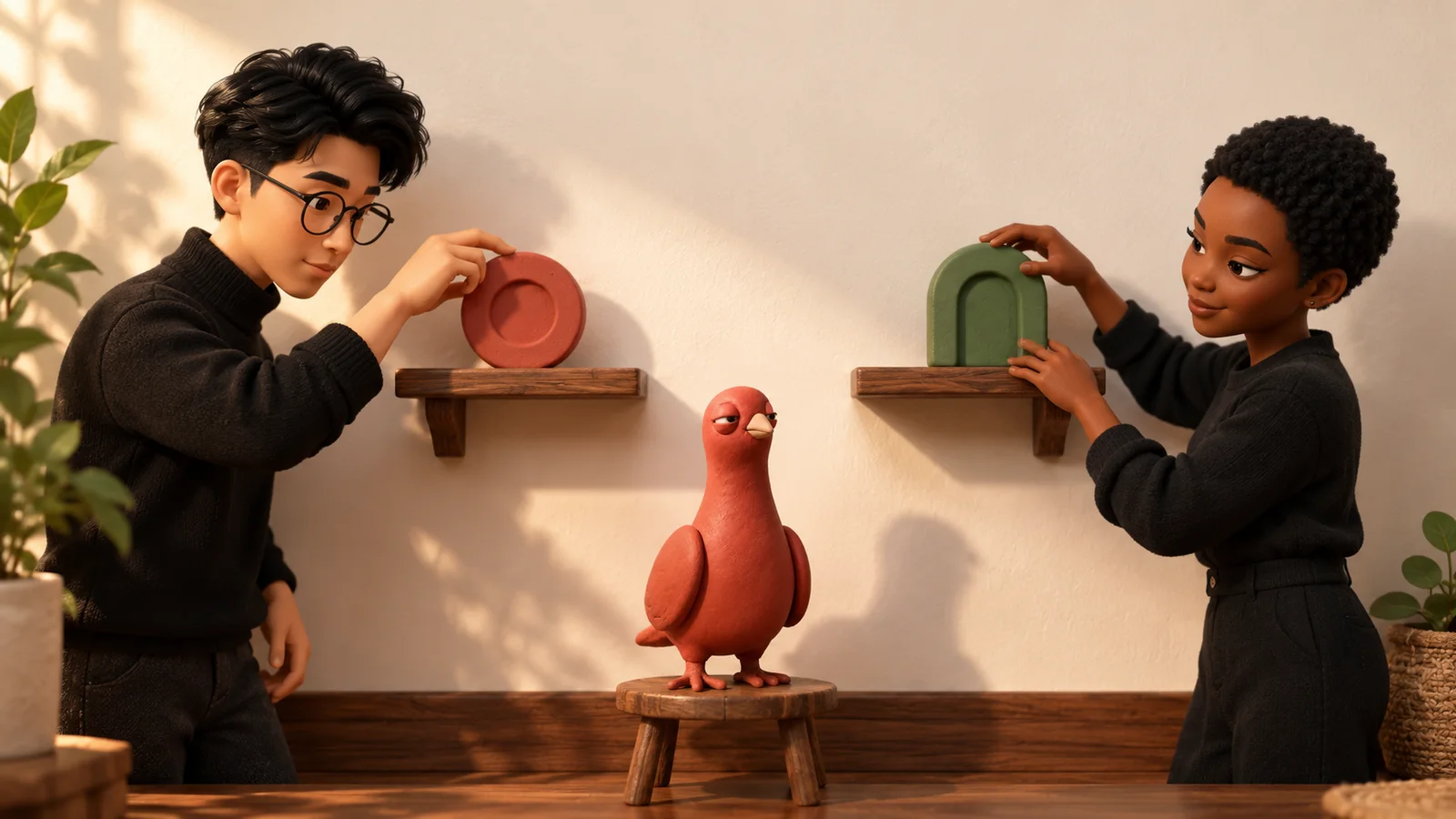 Two approved PingRoom avatars place a red circular Room token and a green arched Room token on separate wooden shelves while Pingo checks the spacing.