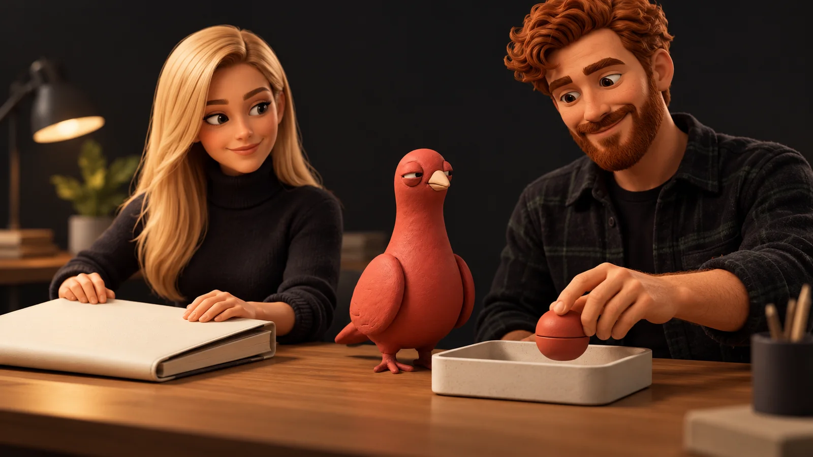 Two PingRoom avatars close a blank release folio beside one sealed notification capsule while Pingo gives it a sideways glance.