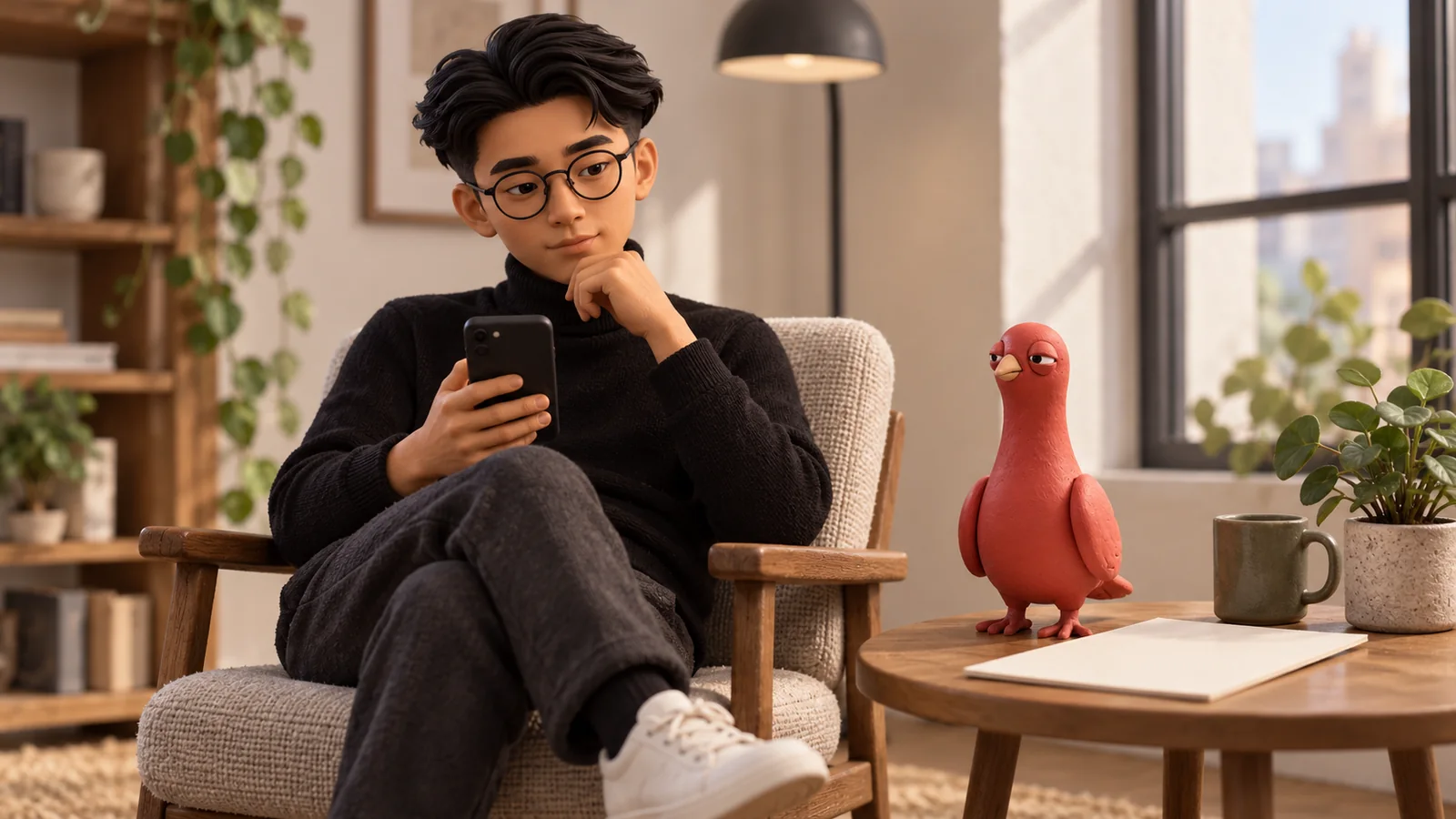 A seated PingRoom avatar looks at a phone beside Pingo and a blank print sample.