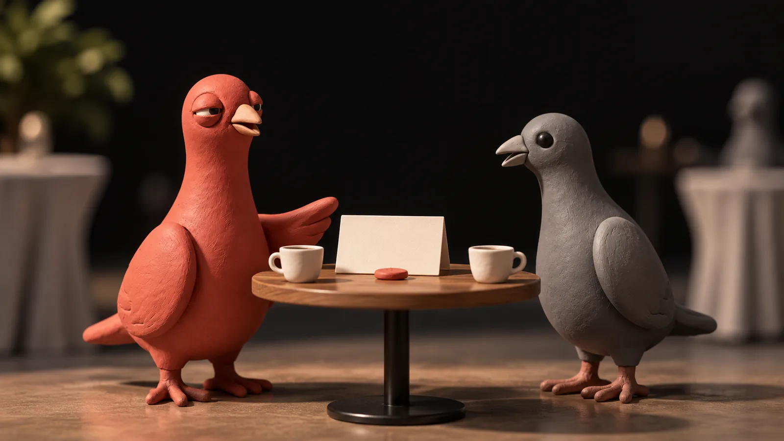 Pingo gestures toward a blank card across a conference coffee table while a gray pigeon listens.