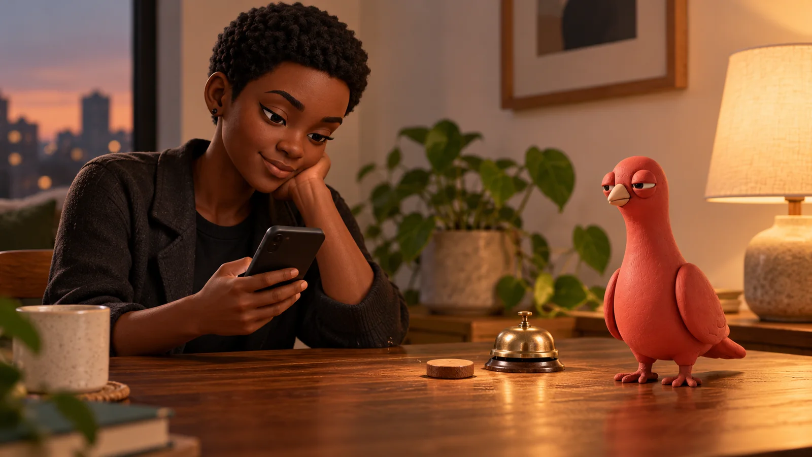 A PingRoom avatar checks a phone at a separate table while Pingo watches a single arrival token beside a small bell.