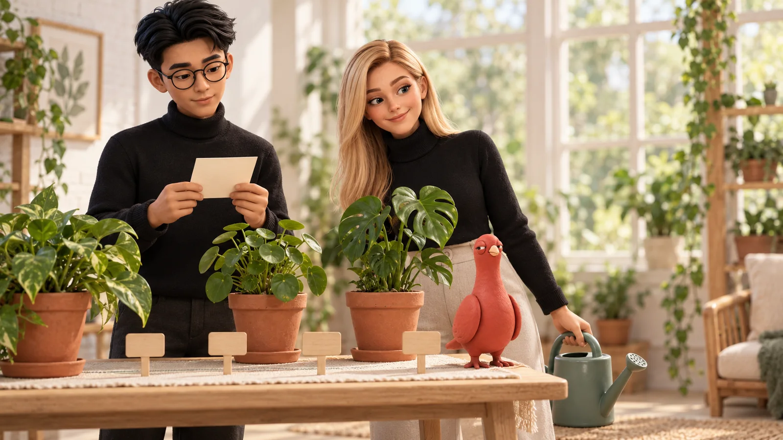 One housemate sets down a watering can while another reviews a plain plant-care card, with Pingo beside four unlettered wooden markers.