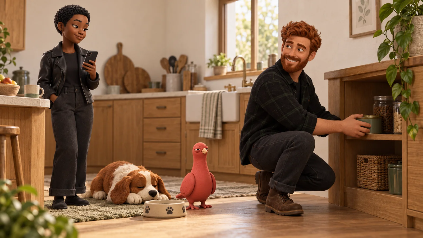 A PingRoom avatar puts away a pet-food tin while another holds a phone, with Pingo and a resting dog nearby.