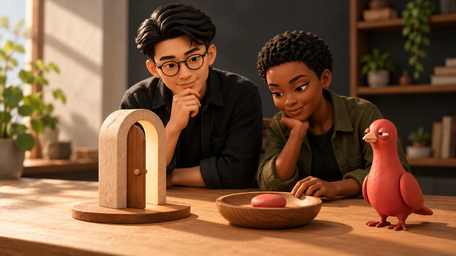 Two PingRoom avatars inspect one miniature Room doorway and a single clay Ping token while Pingo stands beside the result dish.