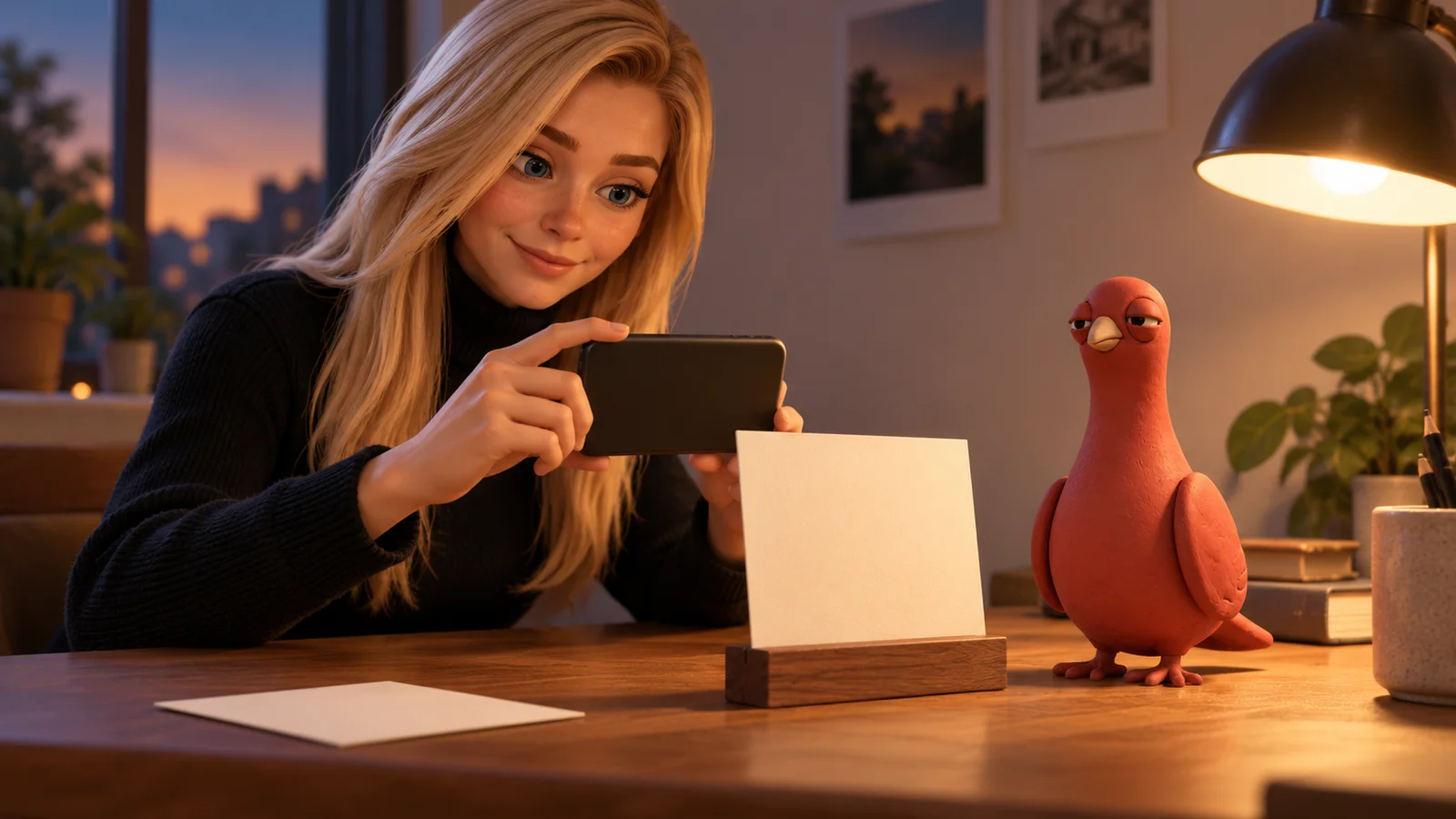 A PingRoom avatar tests a plain proof card from a second angle while Pingo waits beside a warm desk lamp.