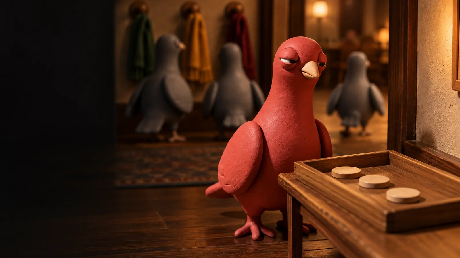 Pingo the Pigeon inspects three unmarked wooden tokens in a shallow tray while three gray clay pigeons walk into the venue.