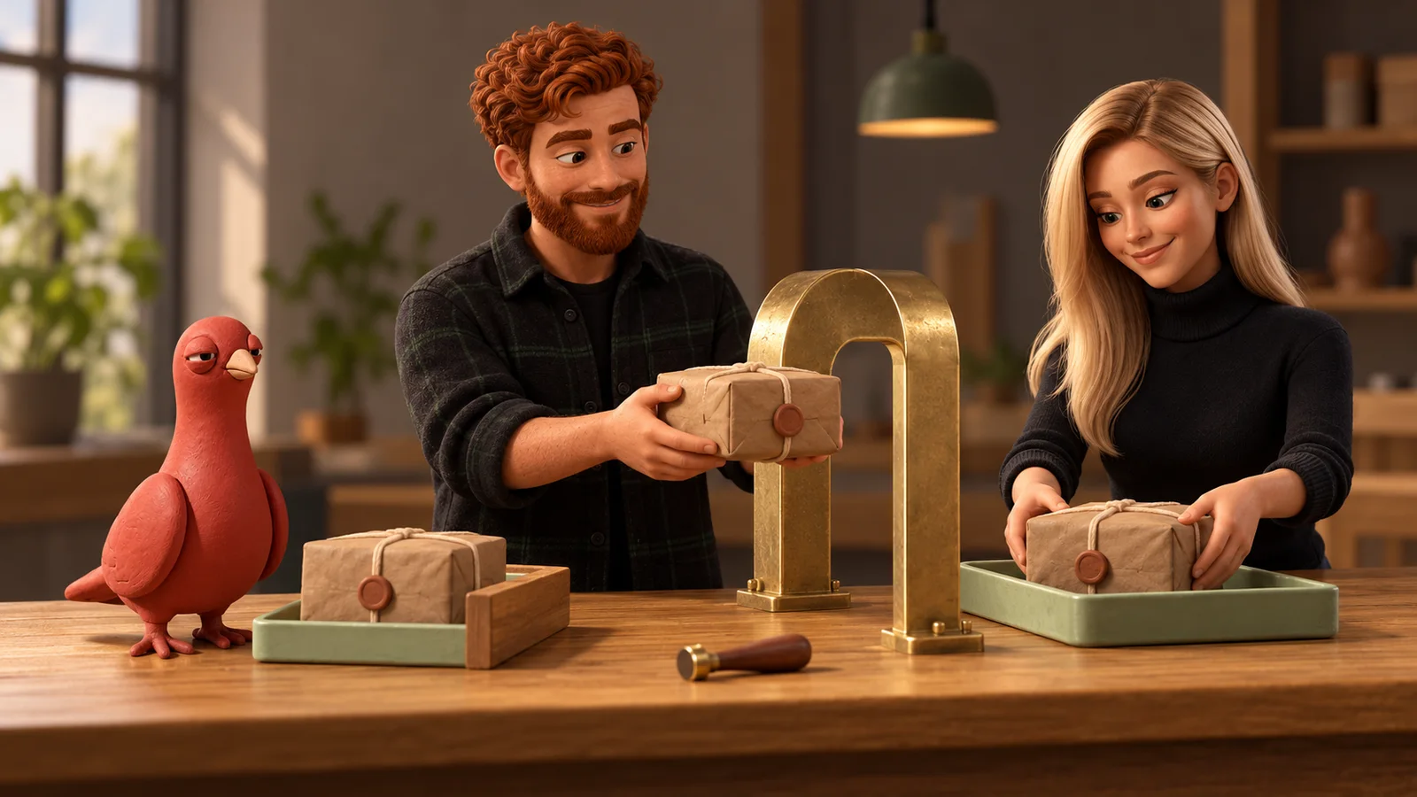 Two PingRoom avatars pass one sealed parcel through a brass verification arch while Pingo watches an identical replay remain outside the gate.