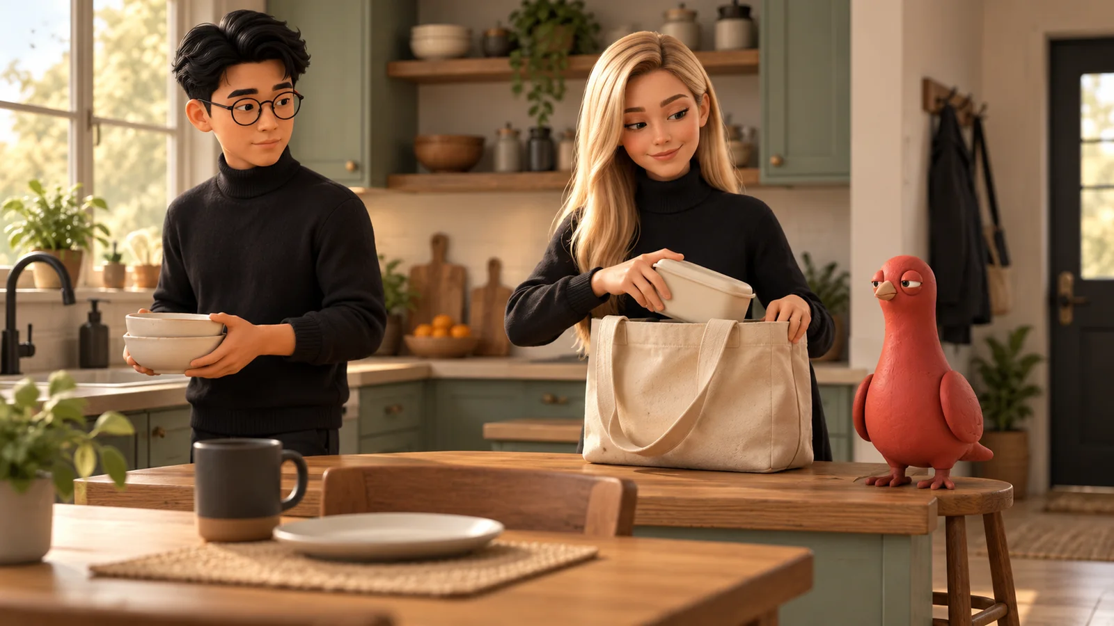 One PingRoom avatar carries breakfast bowls while another packs a lunch container, with Pingo waiting at the kitchen counter.