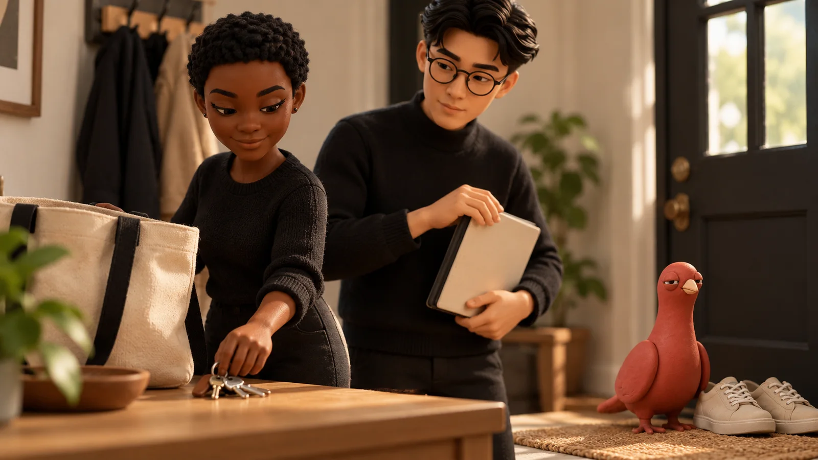 Two PingRoom avatars pick up keys and close a blank schedule folio while Pingo waits beside their shoes.