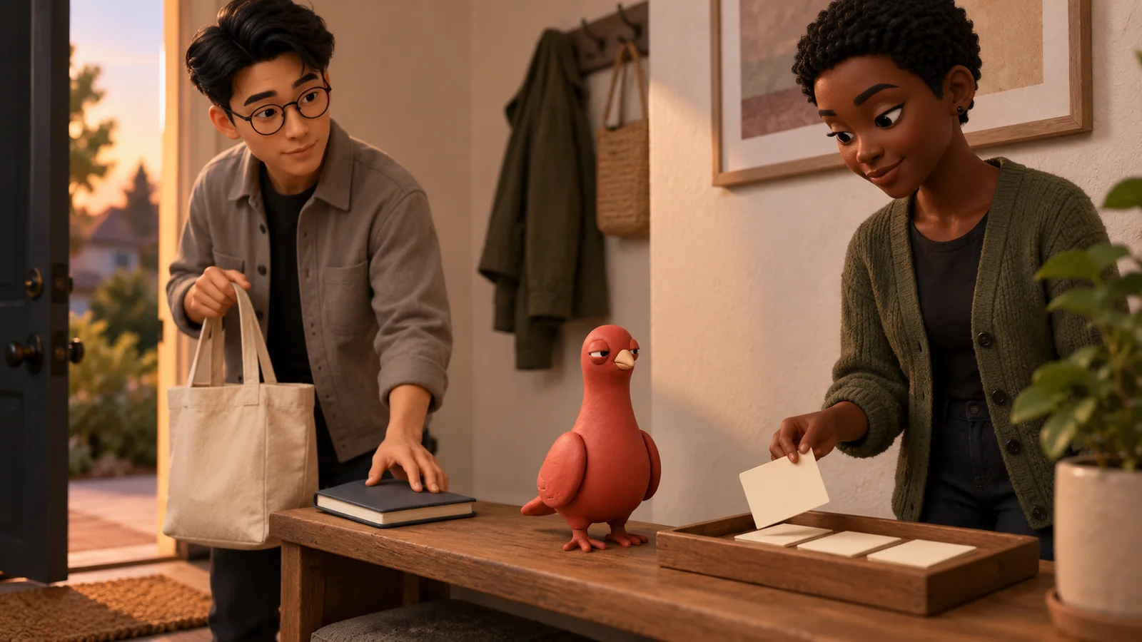 One PingRoom avatar takes a blank follow-up card while another prepares to leave and Pingo watches from the entry table.