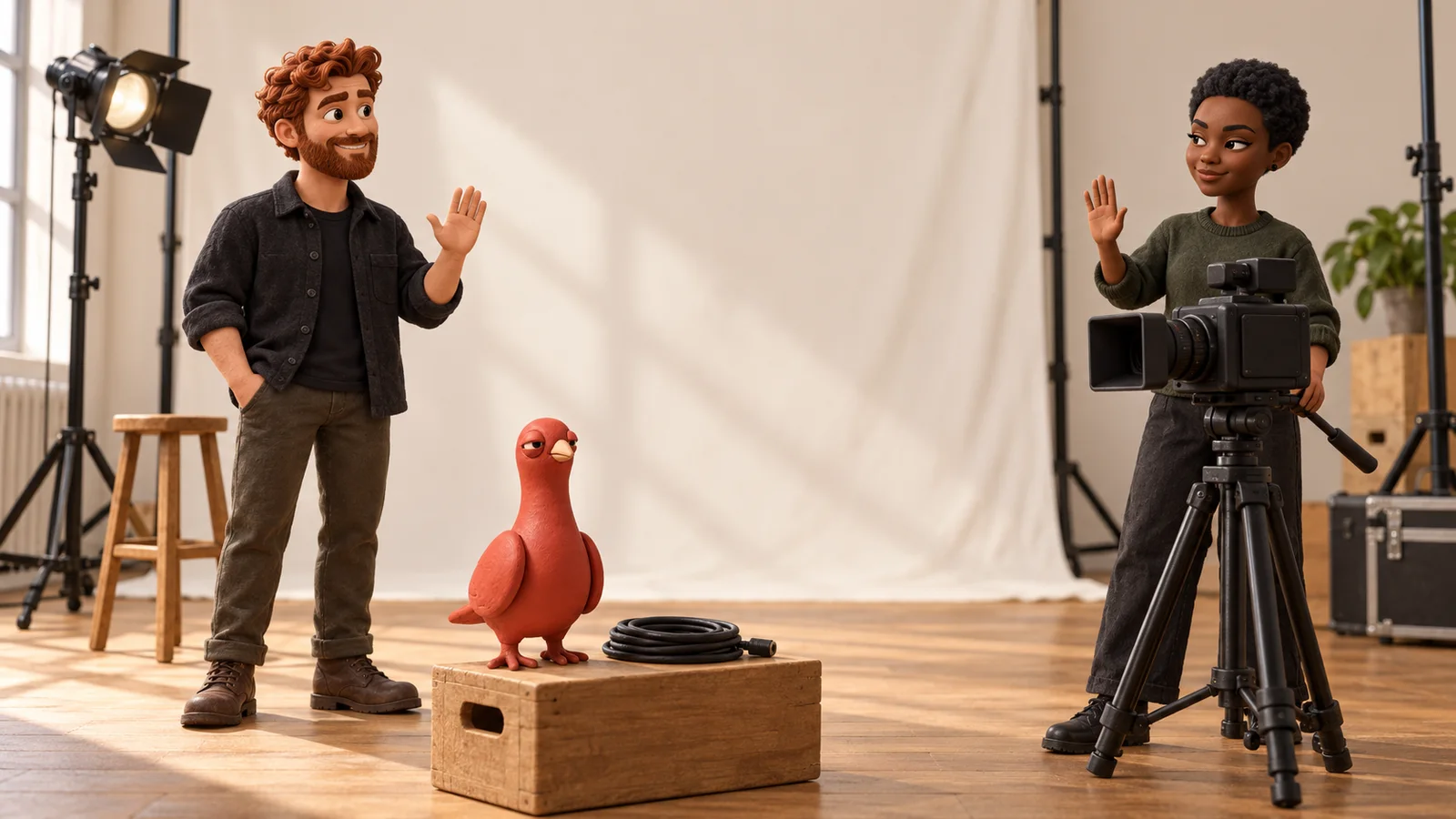 Two video crew members exchange a calm readiness signal across a reset studio while Pingo waits beside a coiled cable.