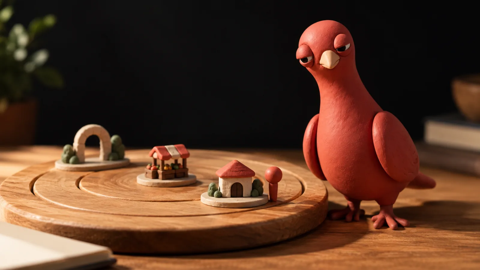 Pingo studies a round wooden board with three unlettered place models set at different distances and a marker beside the nearest one.