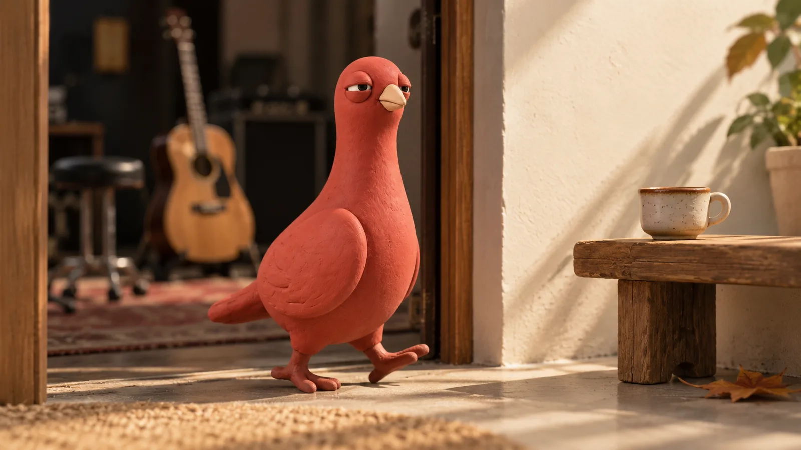 Pingo steps out of a rehearsal-room doorway toward a cup on a low bench, glancing back at the guitar inside.