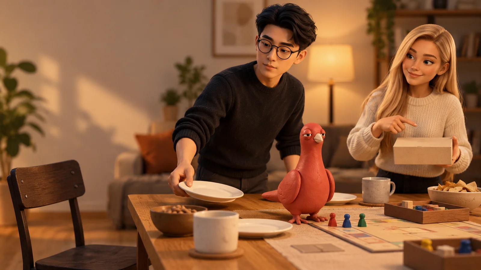 One friend removes a place setting while another holds a smaller game box and Pingo waits beside the board.