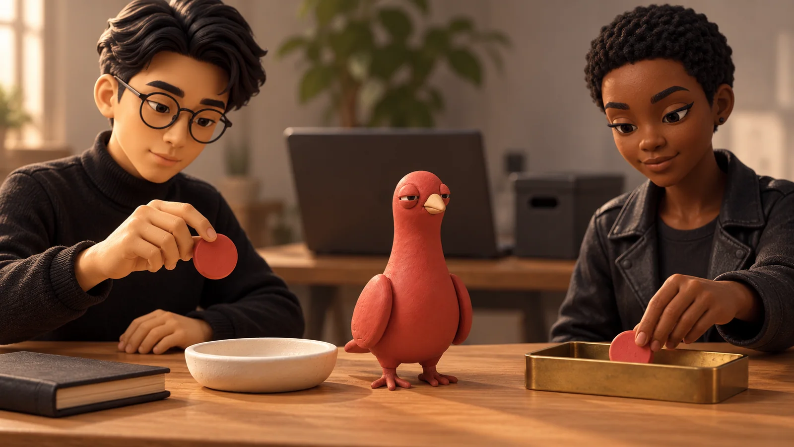 Two PingRoom avatars compare one selected terminal-result token with an identical retry token set aside while Pingo watches the small handoff.
