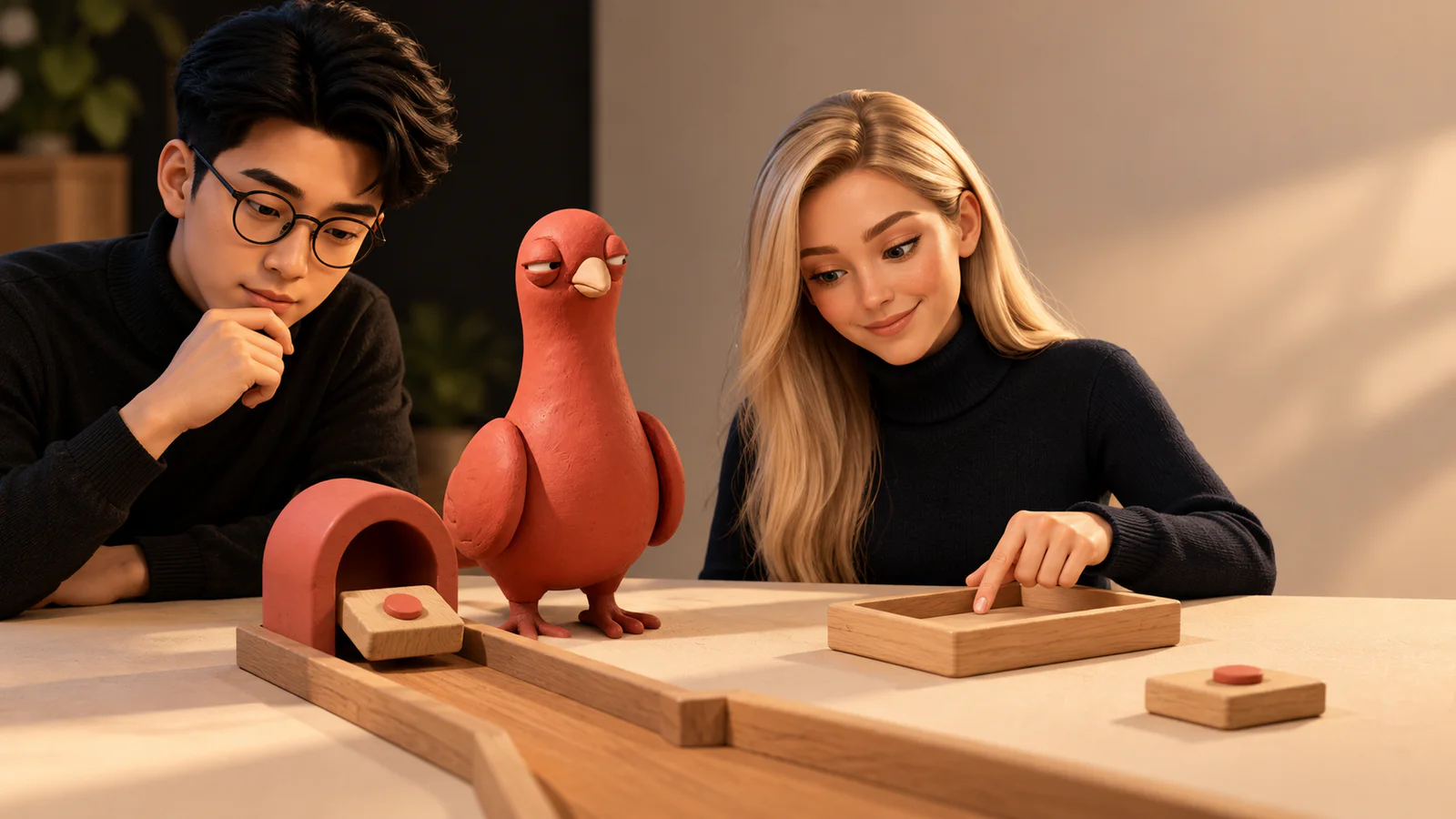 Two PingRoom avatars inspect a tagged wooden tile at a small verification gate while Pingo stands beside an empty duplicate tray.
