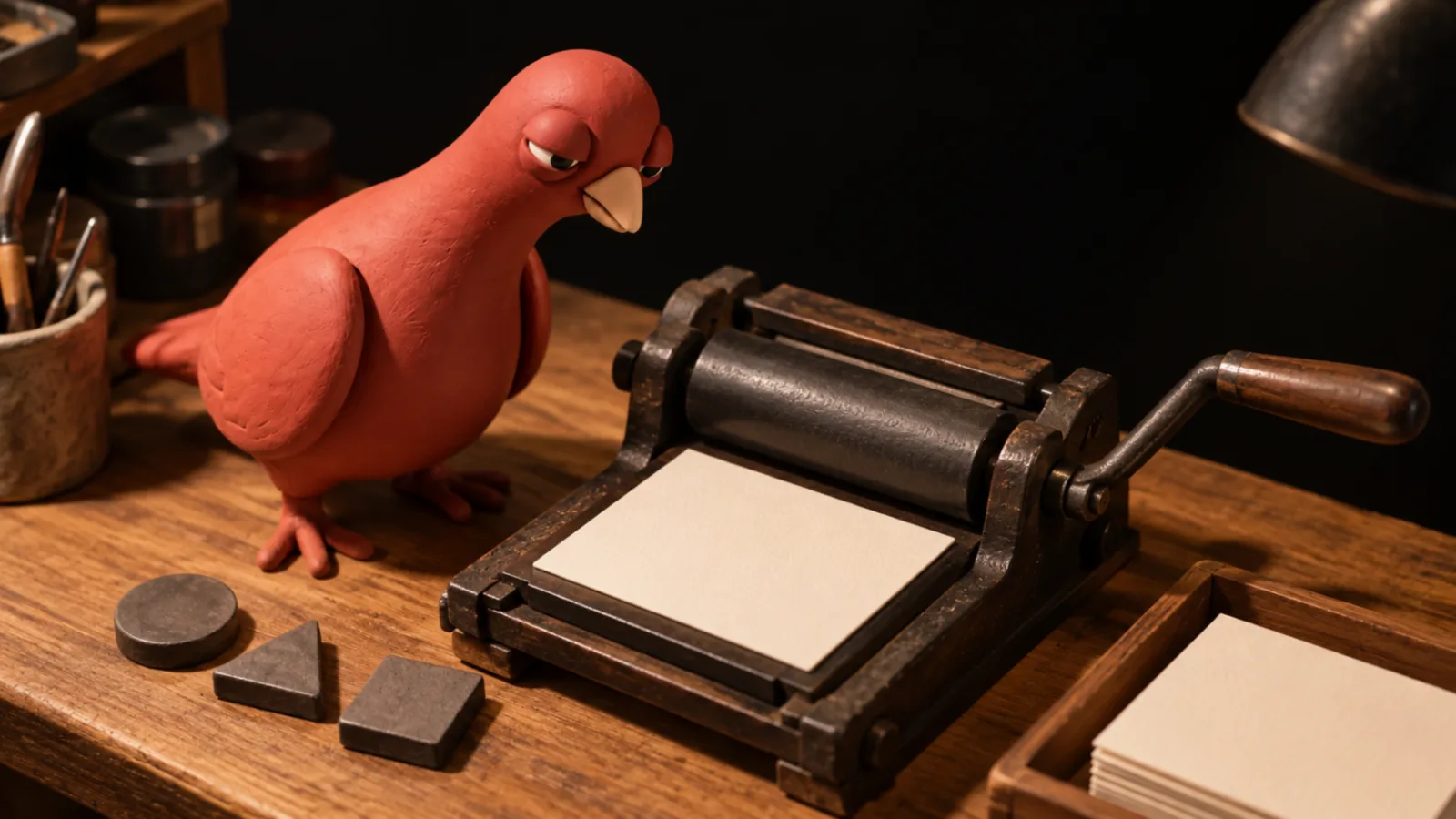 Pingo bends over a miniature print workshop, studying a blank card beneath a small press beside three plain shape dies.
