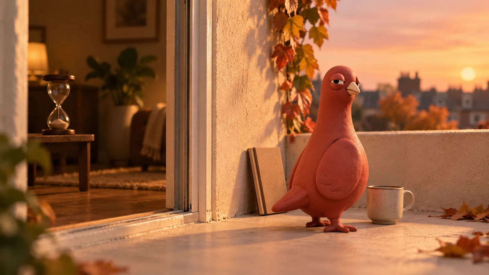 Pingo takes a balcony break beside a cup and a closed notebook, while an hourglass with settled sand remains inside.