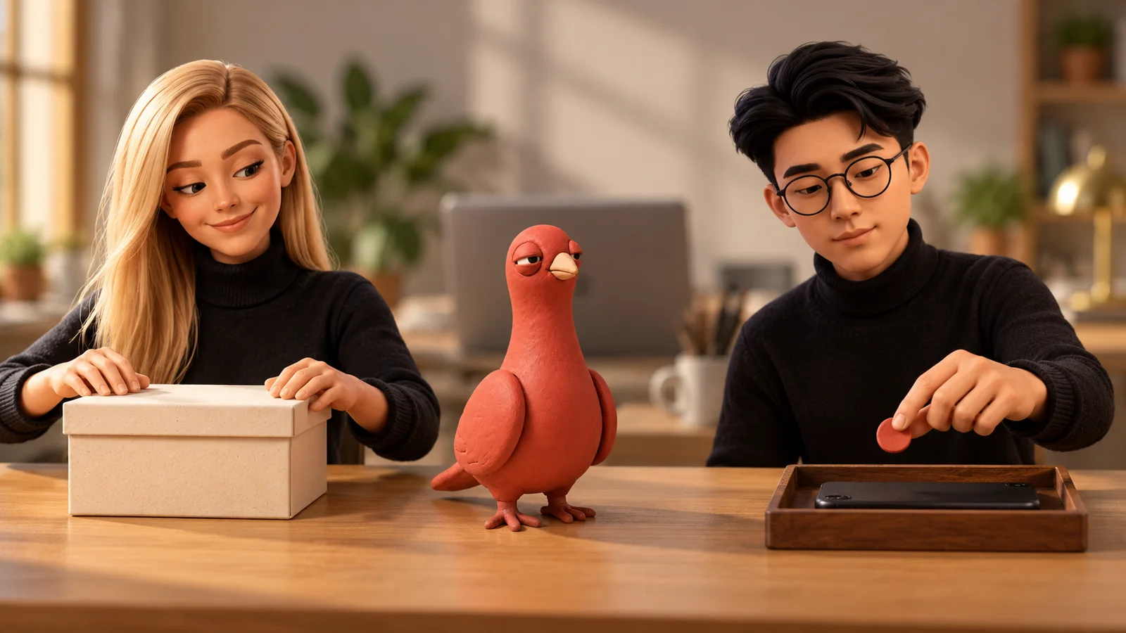 A PingRoom avatar closes the response archive while another carries one blank signal token past Pingo toward a face-down phone.