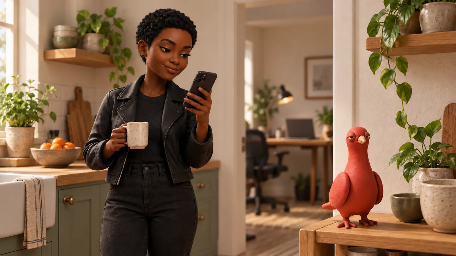 A PingRoom avatar checks a phone in the kitchen while Pingo stands on a nearby wooden shelf.