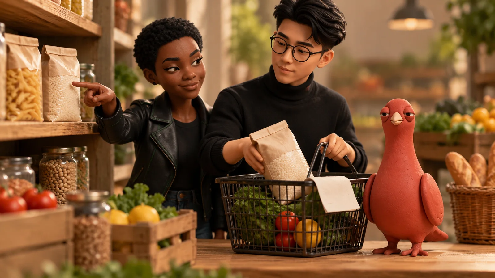 Two friends choose between grocery substitutes while Pingo waits beside their basket.