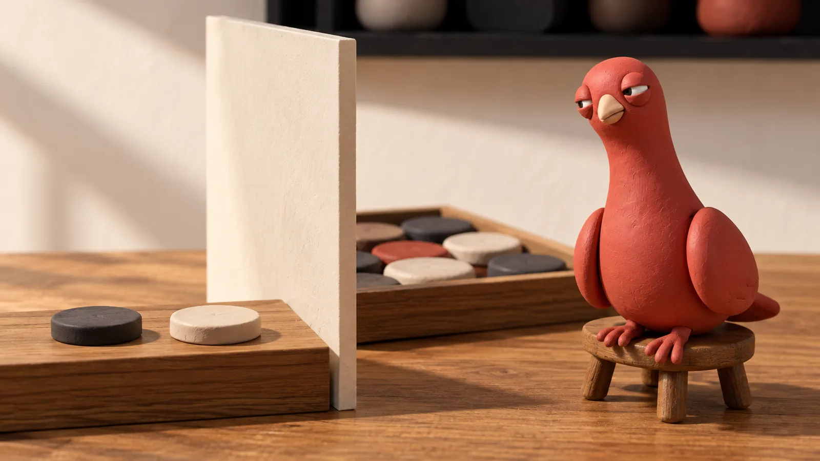 Pingo sits at a wooden records table beside a clear front ledge and a separate archival tray of plain clay tokens.