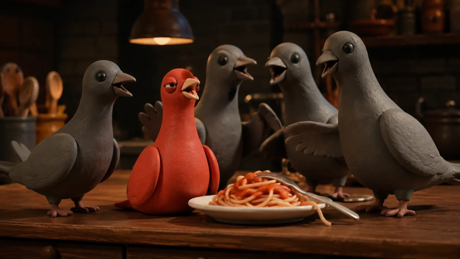 Pingo sits beside a plate of pasta while a crowd of gray clay pigeons talks around him.